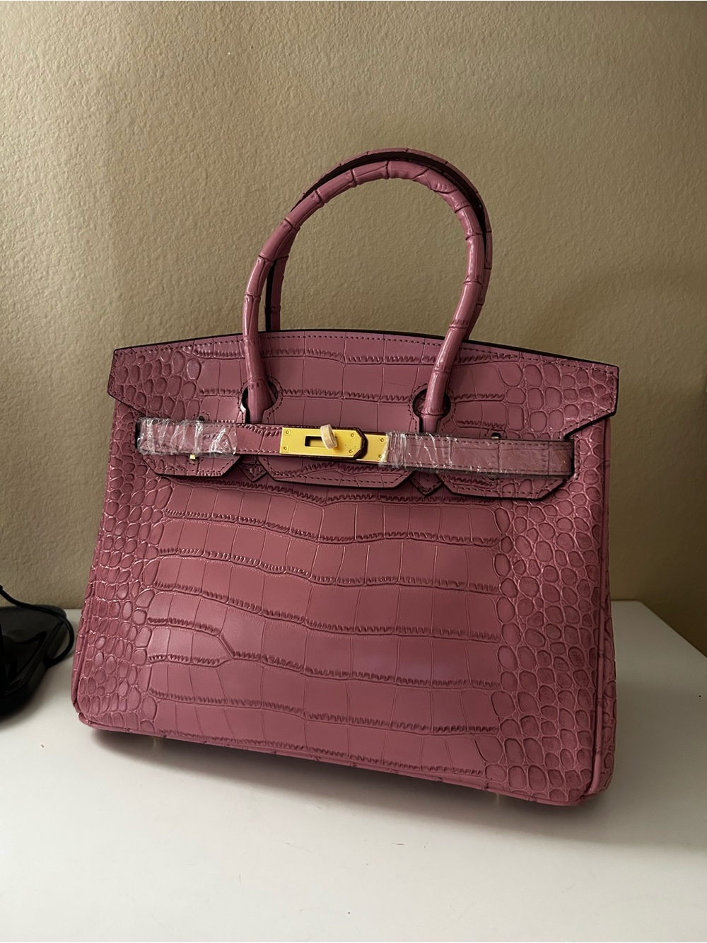 30cm Gold on Pink Croc-Embossed Top-Handle Bag